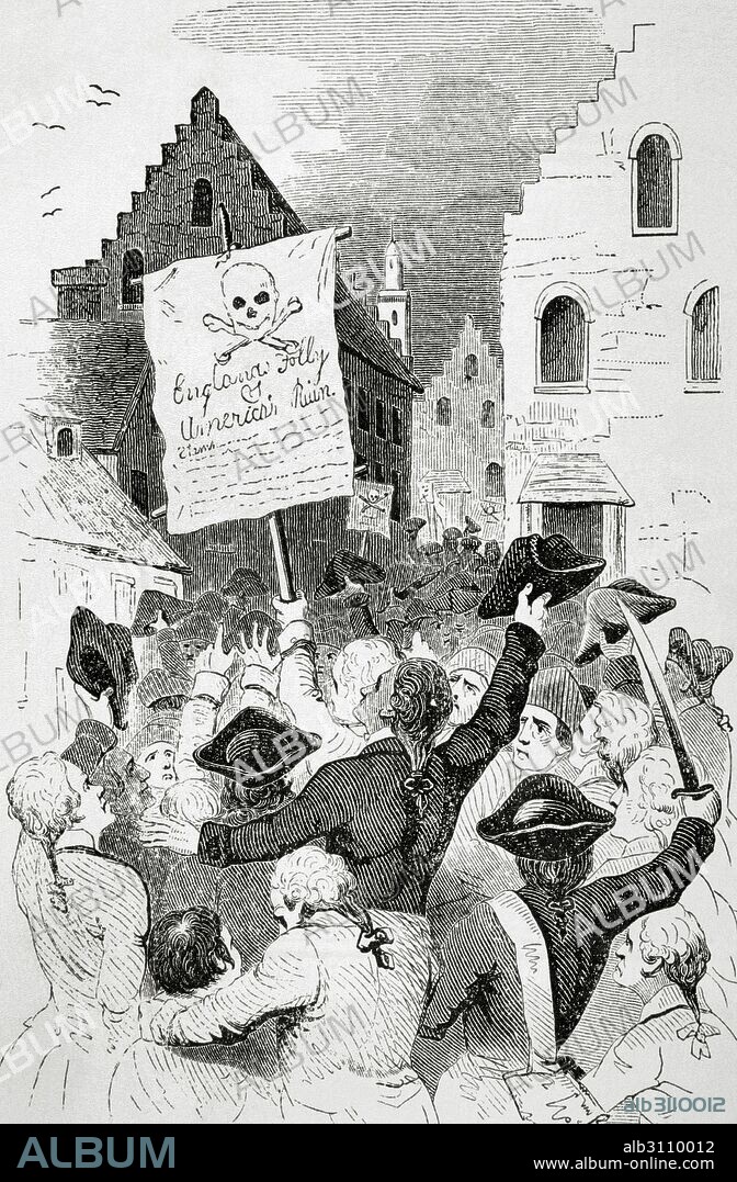 United States. New York. 18th century. Protests by the Stamp Act 1765 ordered by the Parliament of Great Britain that imposed a direct tax on the thirteen colonies of British America. Engraving. The American Revolution.