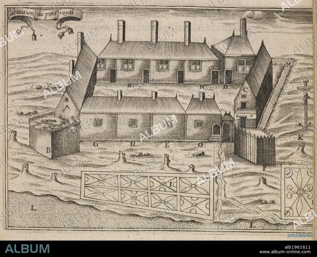 The Habitation at Port-Royal was an early French colonial settlement. Today it is a National Historic Site in Port Royal in the Canadian province of Nova Scotia. Built in 1613 on the coast. . Abitasion du port Royal. Paris. Source: C.32.h.9 99. Language: French.