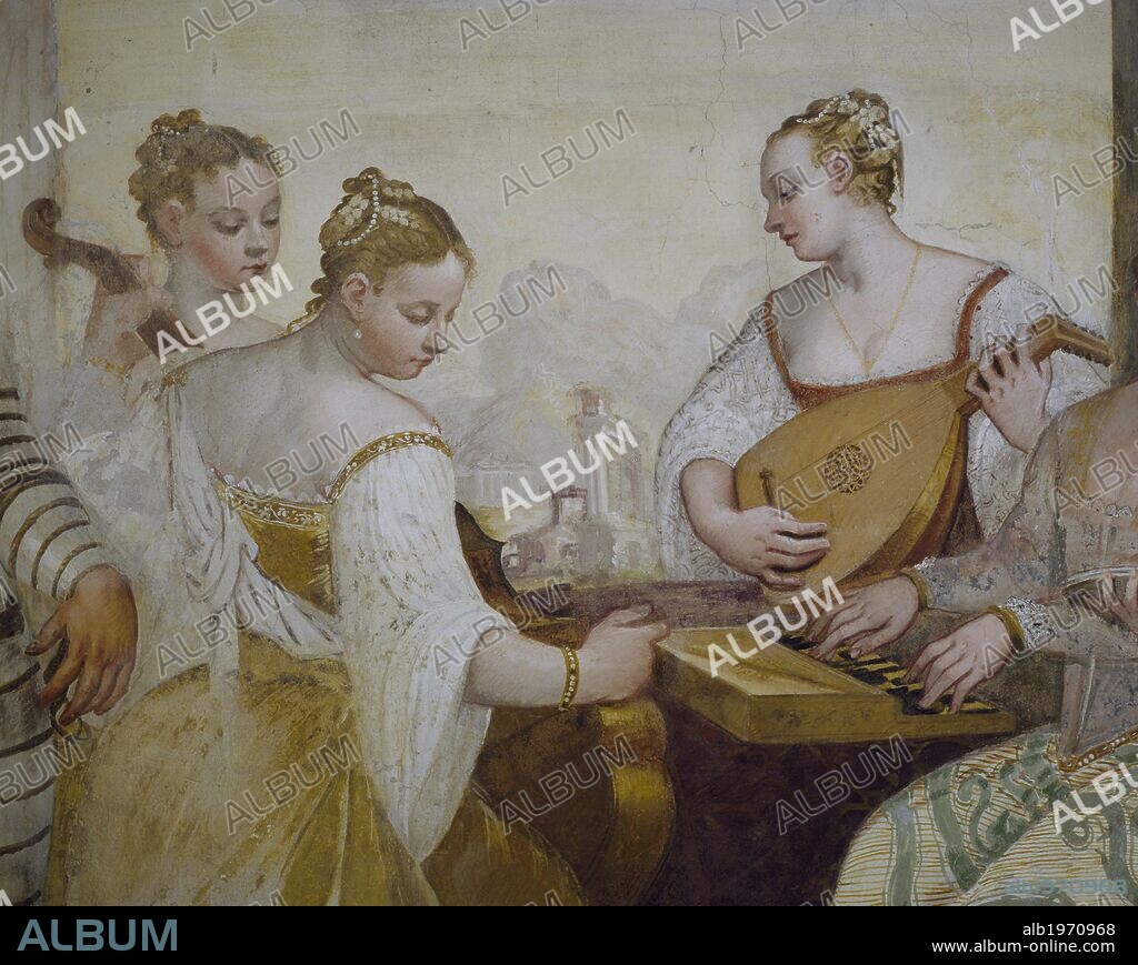 Musicians, detail from the Concert, by Giovanni Antonio Fasolo (1530-1572), fresco, western wall of the Central Hall, Villa Caldogno (UNESCO World Heritage List, 1996), Caldogno, Veneto. Italy, 16th century.