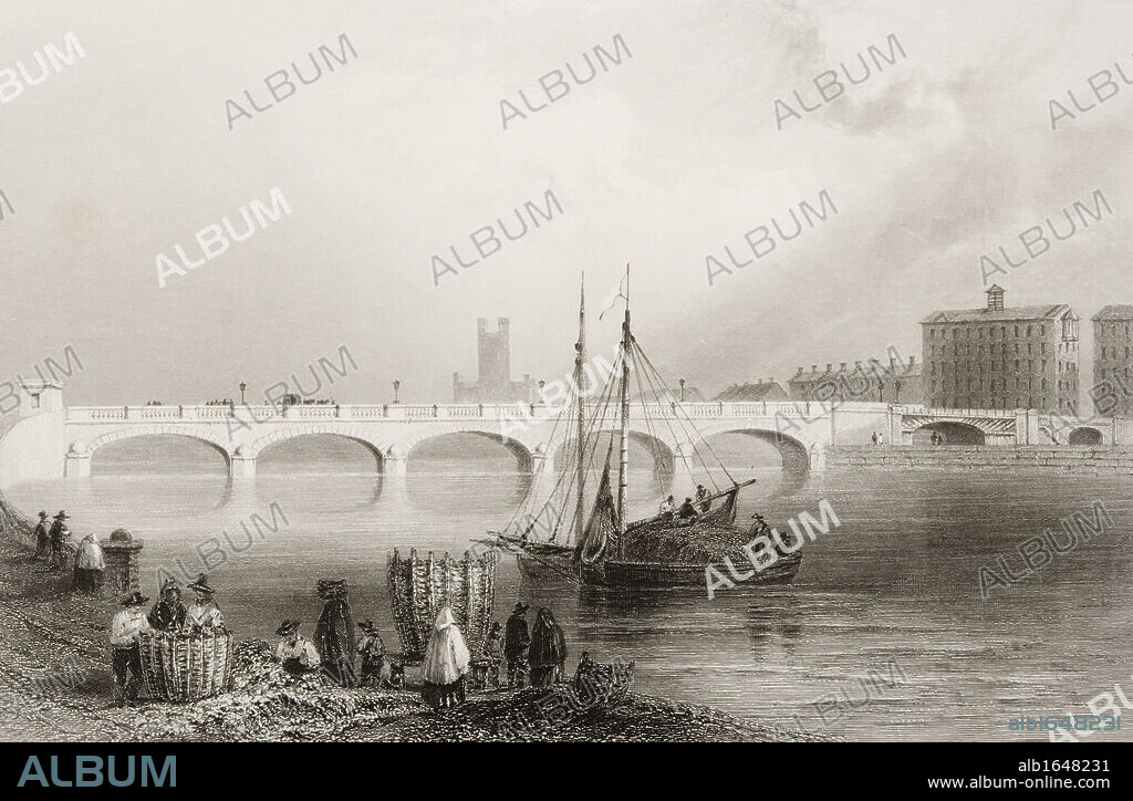 Wellesley Bridge, Limerick, Ireland. Drawn by W.H.Bartlett, engraved by J.C. Armytage. From 'The Scenery and Antiquities of Ireland' by N.P.Willis and J.Stirling Coyne.Illustrated from drawings by W.H.Bartlett. Published London c.1841.