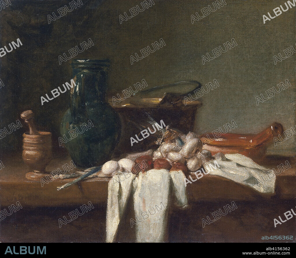 JEAN BAPTISTE SIMEON CHARDIN. Jean Baptiste Simèon Chardin (París, 1699-1779). Bodegón con almirez,cántaro y caldero de cobre (hacia 1728 - 1732). Óleo sobre lienzo. 32,5 x 39 cm.