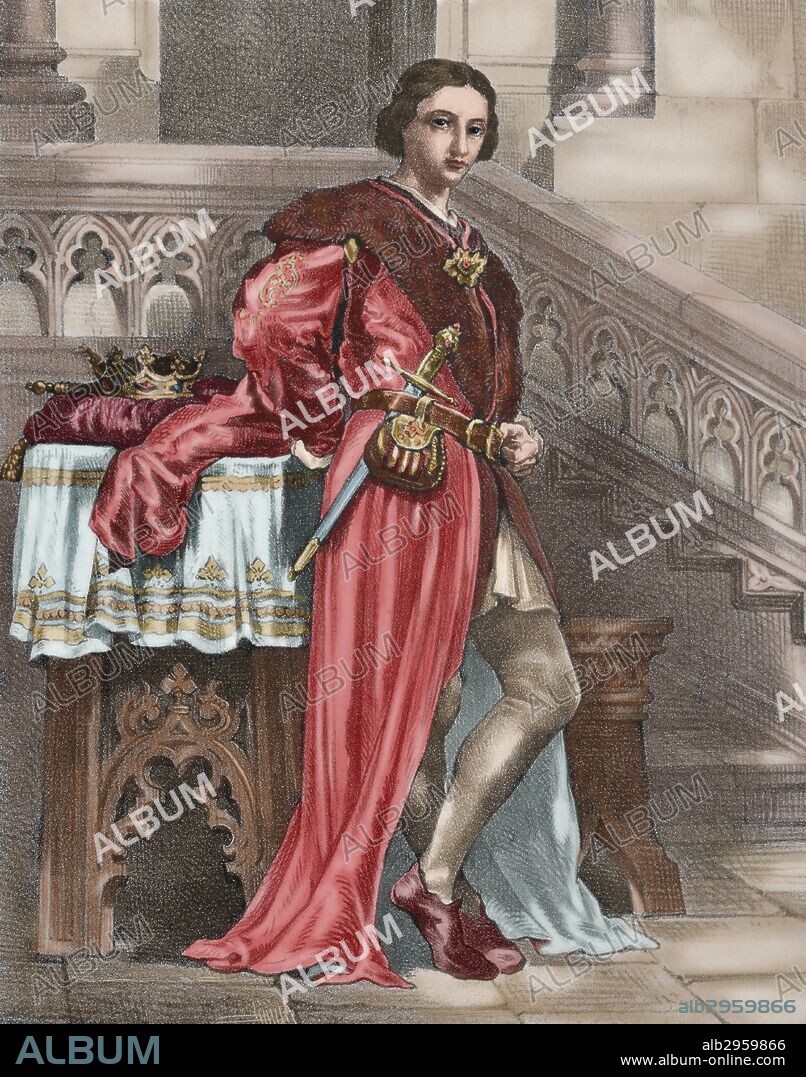 ALFONSO IV de Aragón y III de Cataluña, llamado "el Benigno" (1299-1336). Rey de la Corona de Aragón (1327-1336). Grabado de "Historia de España Ilustrada", del siglo XIX. Coloreado.