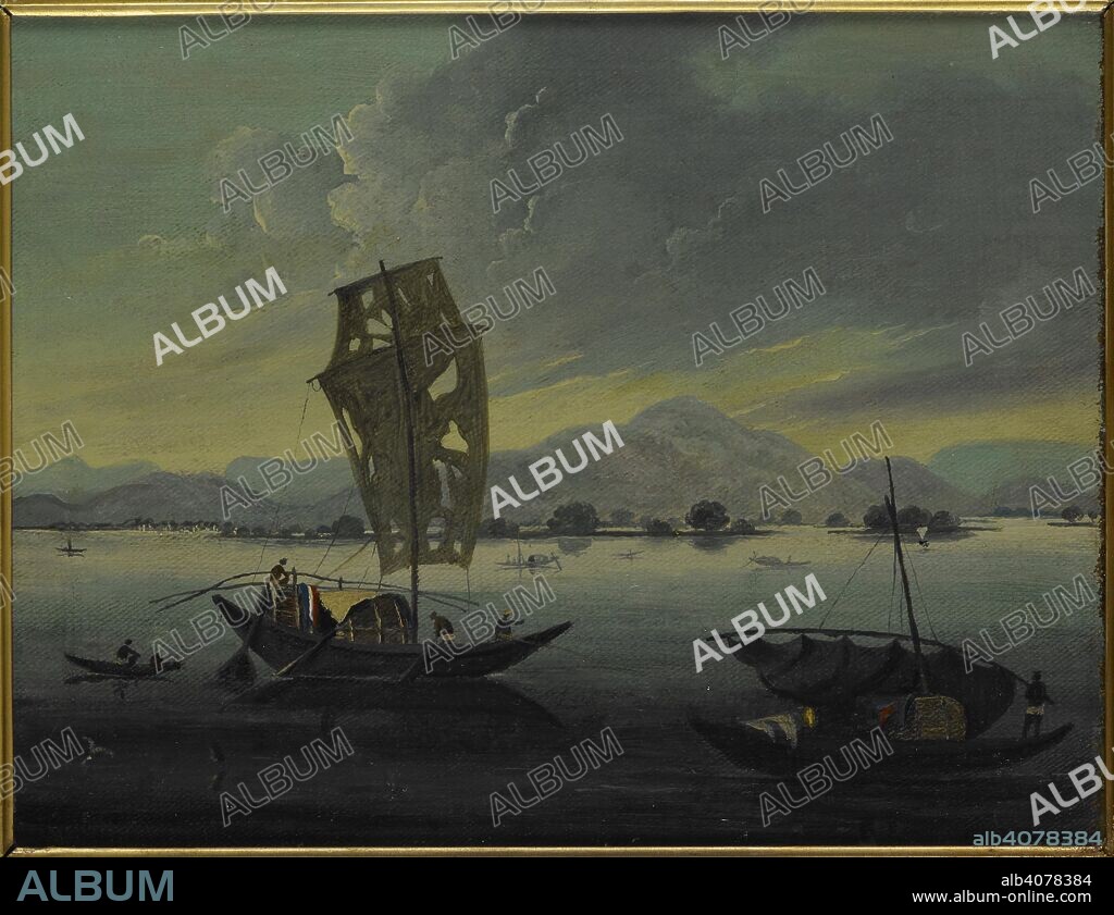 SIR CHARLES D'OYLY. Boats on the River Ganges with the Rajmahal Hills beyond. c. 1825. Oil painting. Source: Foster 866.