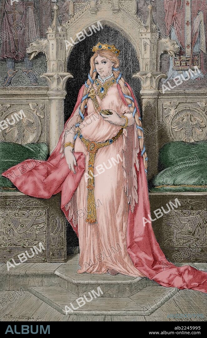 ADOLF CLOSS. Princesa irlandesa ISOLDA. Personaje de una leyenda del ciclo arturiano. Conocida también como "La blonda". Grabado por A. Closs. "Germania", año 1882. Coloreado.