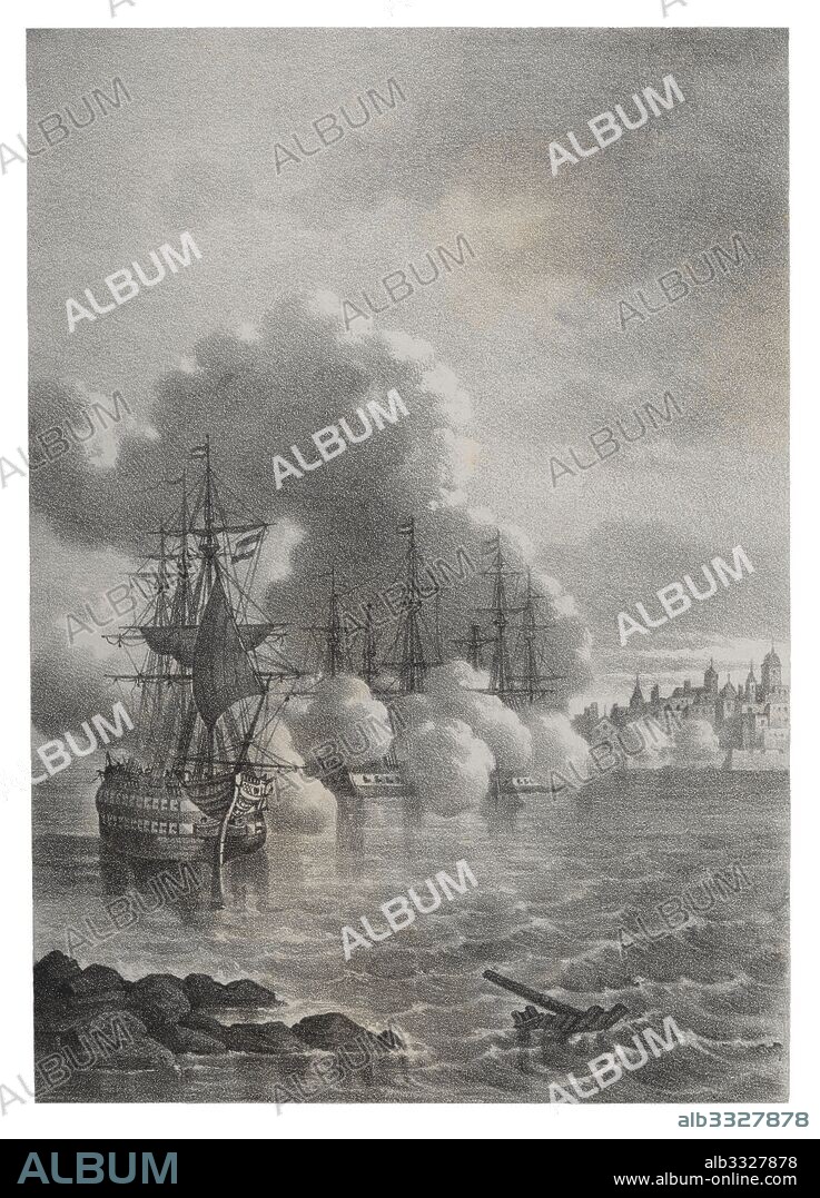 Historia de España. Batalla de Pensacola, capital de La Florida, con victoria de la flota hispano-francesa sobre los ingleses, en 1781. Grabado de 1880.