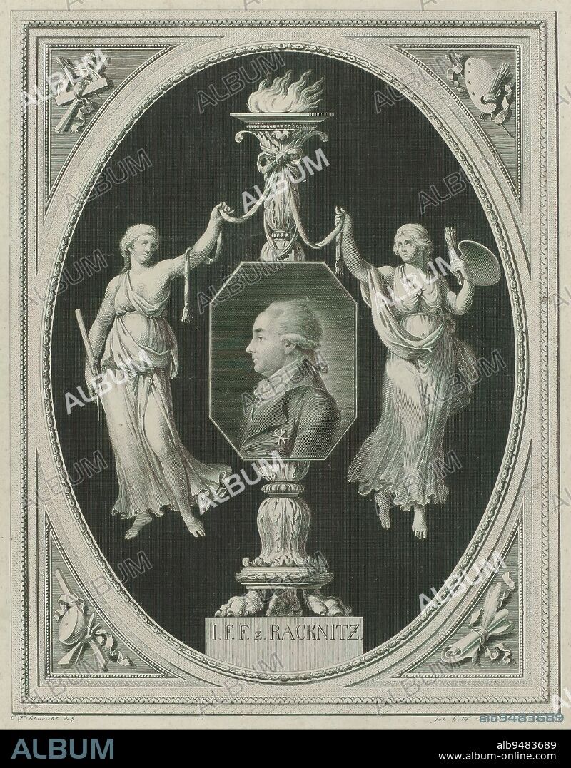 Portrait of Joseph Friedrich Freiherr von Racknitz, Portrait of Joseph Friedrich Freiherr von Racknitz (1744-1818) en profil to the left. His effigy is set against a burning candelabra flanked by personifications of architecture and painting in an oval. Oval in frame with attributes of architecture and painting., print maker: Johann Gottfried Schmidt, (mentioned on object), after drawing by: C.F. Schuricht, (mentioned on object), Dresden, 1798, paper, engraving, height 298 mm × width 228 mm.