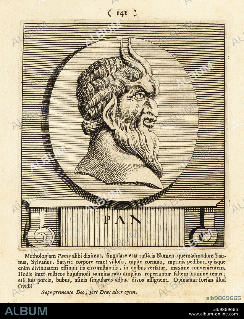 Pan, ancient Greek god of the wild, shepherds and flocks, nature, mountain wilds, rustic music and companion of the nymphs. Depicted with horns, beard, and animal ears. Copperplate engraving by Pieter Bodart (1676-1712) from Henricus Spoors Deorum et Heroum, Virorum et Mulierum Illustrium Imagines Antiquae Illustatae, Gods and Heroes, Men and Women, Illustrated with Antique Images, Petrum, Amsterdam, 1715. First published as Favissæ utriusque antiquitatis tam Romanæ quam Græcæ in 1707. Henricus Spoor was a Dutch physician, classical scholar, poet and writer, fl. 1694-1716.