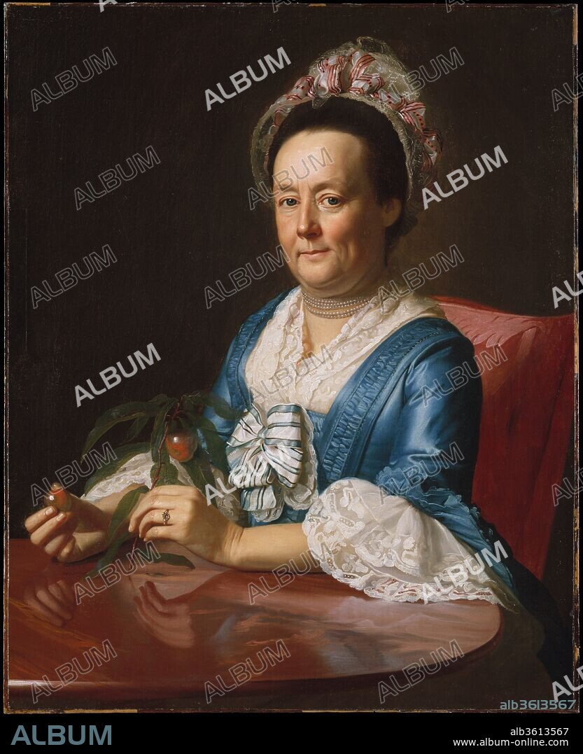Mrs. John Winthrop. Artist: John Singleton Copley (American, Boston, Massachusetts 1738-1815 London). Dimensions: 35 1/2 x 28 3/4 in. (90.2 x 73 cm). Date: 1773.
Hannah Fayerweather (1727-1790) was the daughter of Thomas and Hannah Waldo Fayerweather. She was baptized at the First Church in Boston in February 12, 1727. She was married twice, in 1745 to Parr Tolman and in 1756 to John Winthrop, a professor of mathematics and natural history at Harvard University and a noted astronomer. Although this portrait has traditionally been dated 1774, a receipt dated June 24, 1773, places its execution in the previous year. The portrait is one of a number in which Copley prominently featured a beautifully reflective tabletop.