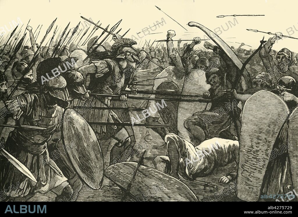'The Spartans at Plataea', 1890. The Battle of Plataea 479 BC, was the final land battle of the second Persian invasion of Greece, an alliance of Greek city-states defeated the Persian Empire of Xerxes I. From "Cassell's Illustrated Universal History, Vol. I - Early and Greek History", by Edmund Ollier. [Cassell and Company, Limited, London, Paris and Melbourne, 1890].