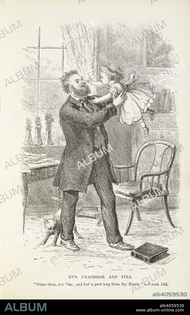 LOUISA M ALCOTT. 'The professor and Tina'. Professor Bhaer holding a young girl, Tina, the daughter of an employee of Mrs. Kirke. Tina loves Mr. Bhaer and treats him like a father. Little Women ... With illustrations. Boston : Roberts Bros., 1870. Source: 12844.m.8 volume 2, plate facing page 142. Language: English.