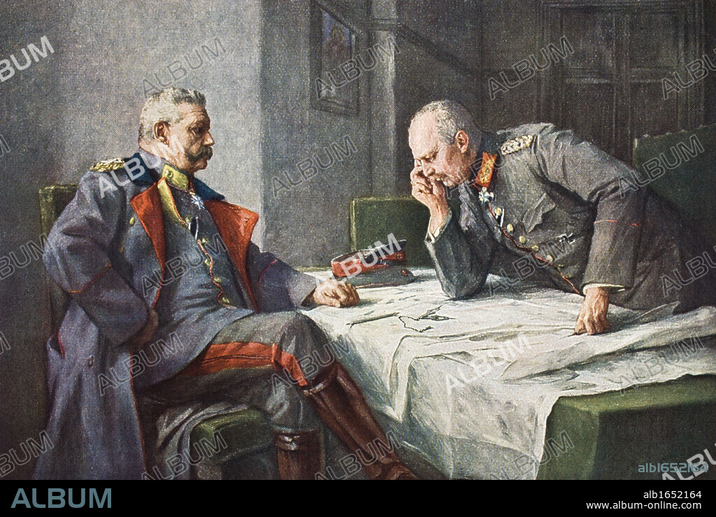 General Paul Von Hindenburg 1847 1934 and chief of staff Erich Von Ludendorff 1865 1937 at the map table after a painting by Hugo Vogel From Tannenberg published Berlin 1928.