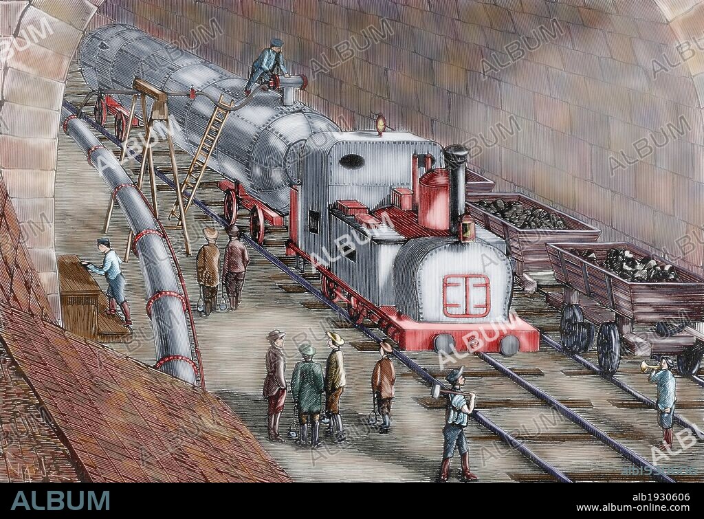 Switzerland. 19th century. Locomotive driven by compressed air used for the drilling of Saint-Gothard. Colored engraving of "The Spanish and American Illustration," 1875.