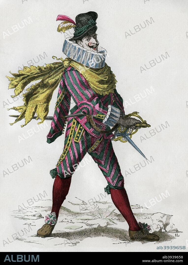Matamore captain, hired killer, Spanish type, 17th century (1882-1884). Cyrano de Bergerac. A print from La France et les Français à Travers les Siècles, Volume IV, F Roy editor, A Challamel, Saint-Antoine, 1882-1884.