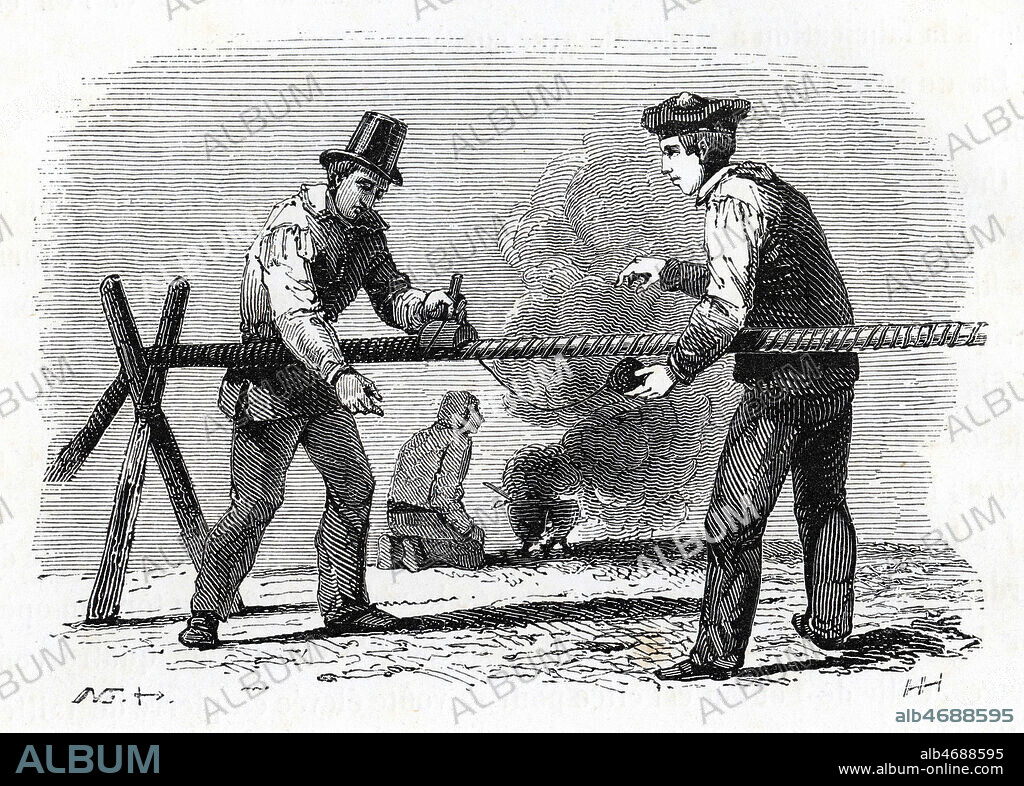 Gabiers de port fourrant une manoeuvre (couvrant un cordage de fil de caret pour le proteger du frottement). Illustration de 1844 par Leon MOREL-FATIO (1810-1871) pour La Marine par Eugene PACINI (1816-1875) Credit : Coll. Jonas/KHARBINE-TAPABOR.