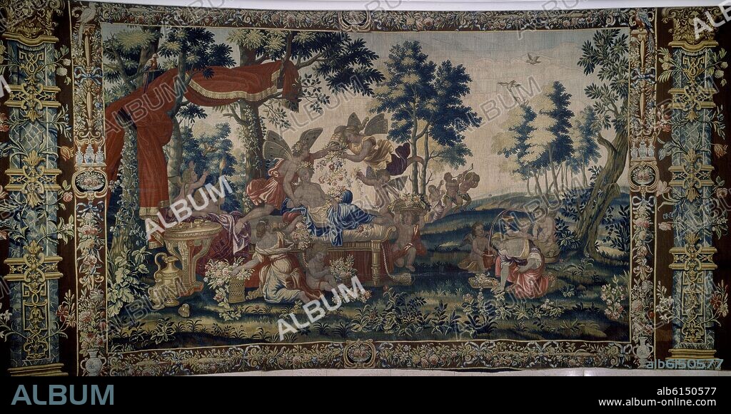 CEFIRO Y FLORA - 1730 - TAPIZ DE MANUFACTURA HOLANDESA - 2,78X5,52 CM.