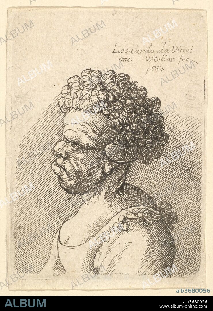 Bust of a deformed woman with curly hair in profile to the left. Artist: After Leonardo da Vinci (Italian, Vinci 1452-1519 Amboise). Dimensions: Plate: 2 1/2 × 1 3/4 in. (6.4 × 4.4 cm)
Sheet (trimmed to plate line): 2 9/16 × 1 7/8 in. (6.5 × 4.8 cm). Etcher: Wenceslaus Hollar (Bohemian, Prague 1607-1677 London). Date: 1665.
Bust of a deformed woman with curly hair in profile to the left, after Leonardo da Vinci.