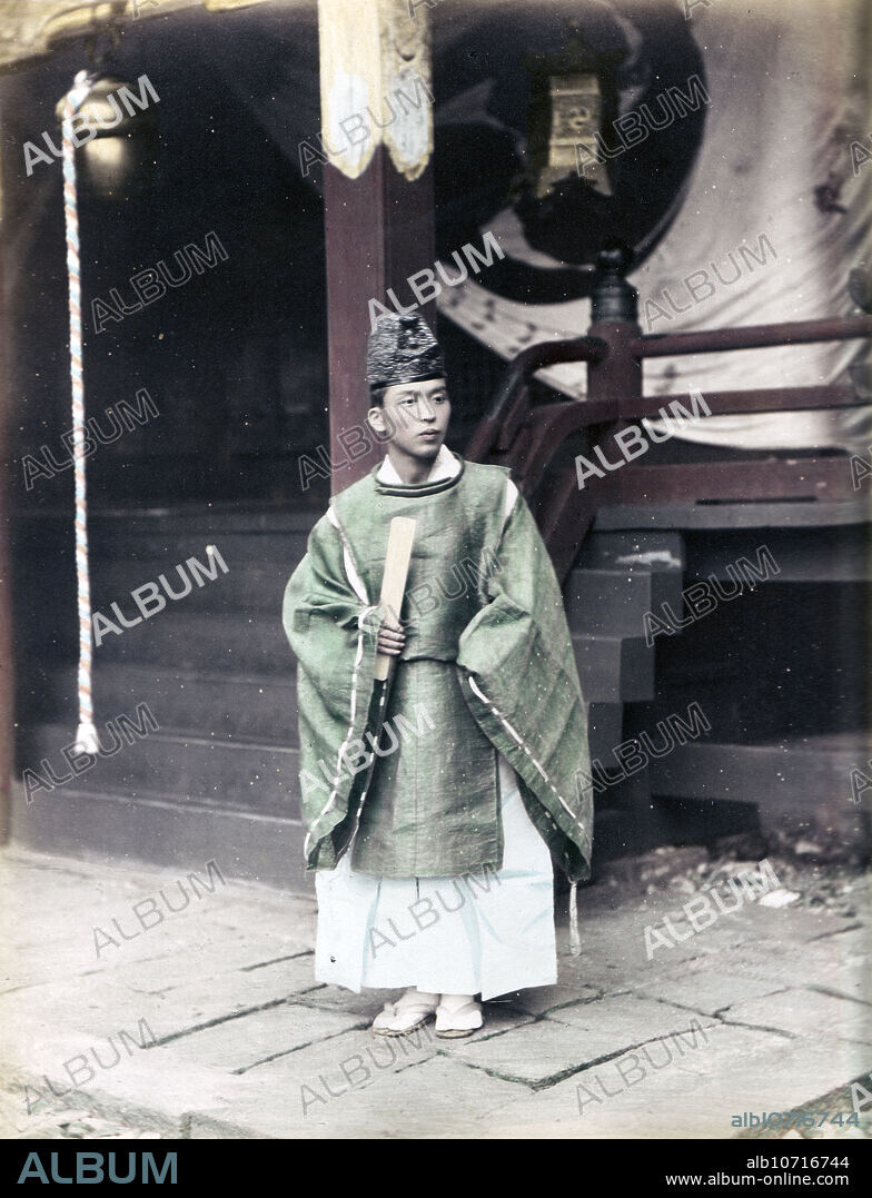 [ 1890s Japan - Japanese Shinto Priest ] A Japanese shinto priest (Kannushi). 19th century vintage albumen photograph.