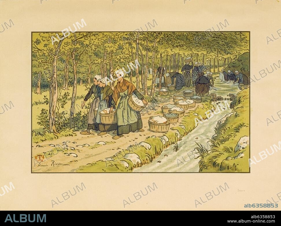 HENRI RIVIERE. Rivière, Henri 1864-1951. "Lavoir à Tréboul" (Frauen beim Wäschewaschen in Tréboul, Bretagne), 1909. Lithographie in 12 oder 14 Farben, 23 x 35 cm. Aus der Serie: Le beau pays de Bretagne, hrsg. von Eugène Verneau, Tafel 12.
