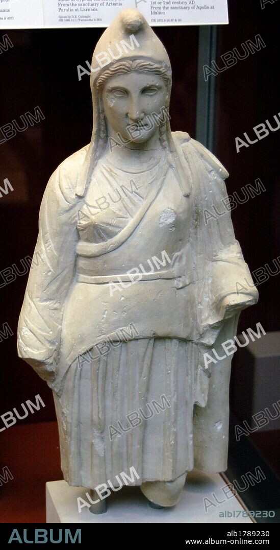 Statue of the goddess Artemis, perhaps Artemis Bendis wearing a Phrygian cap. Limestone. Made in Cyprus. 300-200 BC. From the Sanctuary of Apollo at Pyla. British Museum. London. England. United Kingdom.