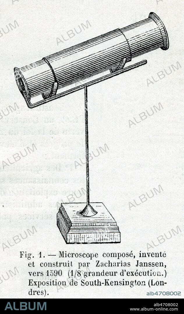 Microscope compose, invente et construit par Zacharias JANSSEN vers 1590, Illustrtion anonyme pour La Nature de 1876. Credit : Collection KHARBINE-TAPABOR.