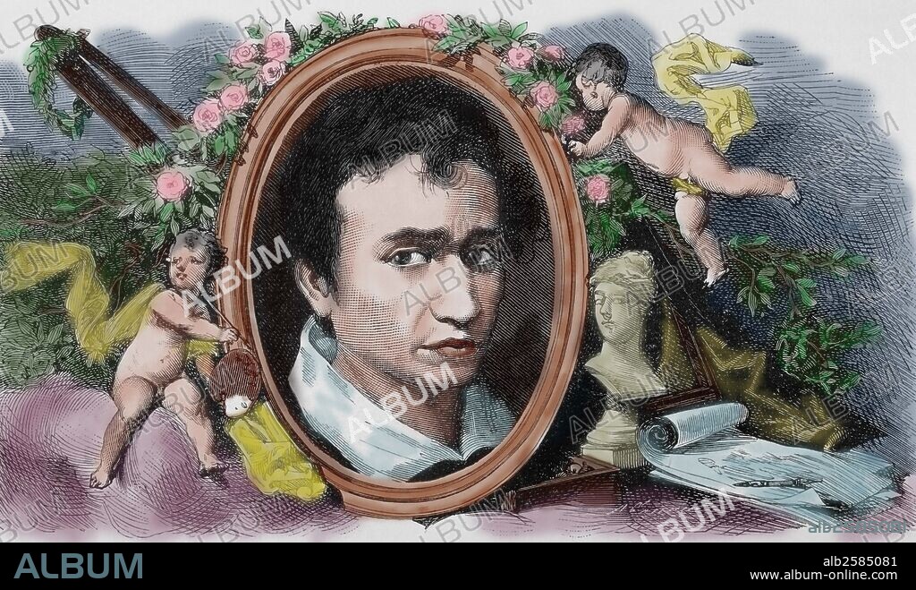 JUAN BAUTISTA MARTINEZ DEL MAZO (1611-1667). Pintor barroco español, discípulo de Velázquez. Retrato. Grabado por Arturo Carretero. "Almanaque de La Ilustración", 1880. Coloreado.