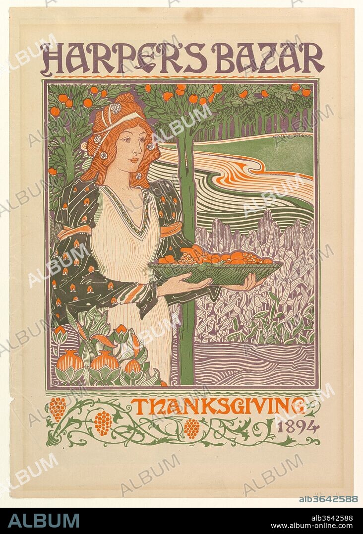 Harper's Bazar: Thanksgiving. Artist: Louis John Rhead (American (born England), Etruria 1857-1926 Amityville, New York). Dimensions: Mount: 19 1/4 x 14 1/4 in. (48.9 x 36.2 cm)
Sheet: 16 1/16 × 11 1/4 in. (40.8 × 28.6 cm). Publisher: Harper's. Date: 1894.