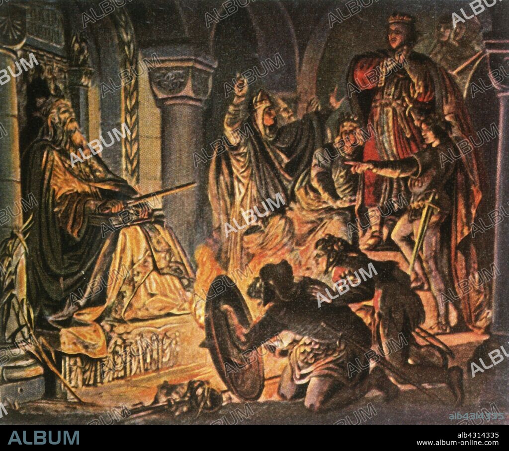 Otto III visits the tomb of Charlemagne, 1000 AD, (1936). 'Otto III In Der Gruft Karls Des Grossen Im Jahre 1000'. Holy Roman Emperor Otto III (980-1002) visited the crypt where Charlemagne is buried in Aachen, Germany. Otto aspired to be the successor of Charlemagne, the first Holy Roman Emperor. From "Bilder Deutscher Geschichte", (Pictures of German History), No.12, cigarette card album. [Cigaretten-Bilderdienst, Altona-Bahrenfeld, Hamburg, Germany, 1936].