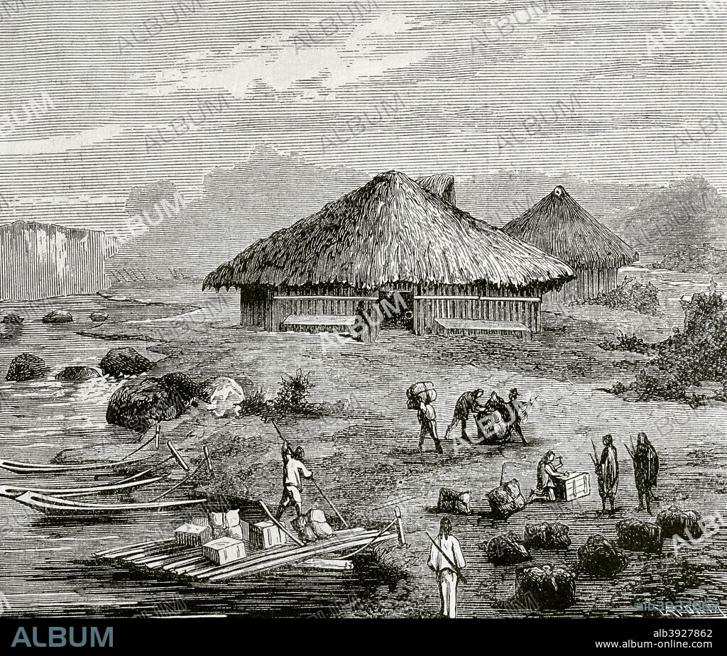 Siglo XIX. América del Sur. Perú. Colonia de Antis en el Amazonas. Misioneros católicos agruparon familias de nativos pertenecientes a la tribu de los Antis para su enseñanza y evangelización. Se asentaron a orillas del río Amazonas. Grabado por Francisco Laporta (1850-1914). La Ilustración Española y Americana, 15 de agosto de 1876. Biblioteca Histórico Militar de Barcelona. Cataluña, España.