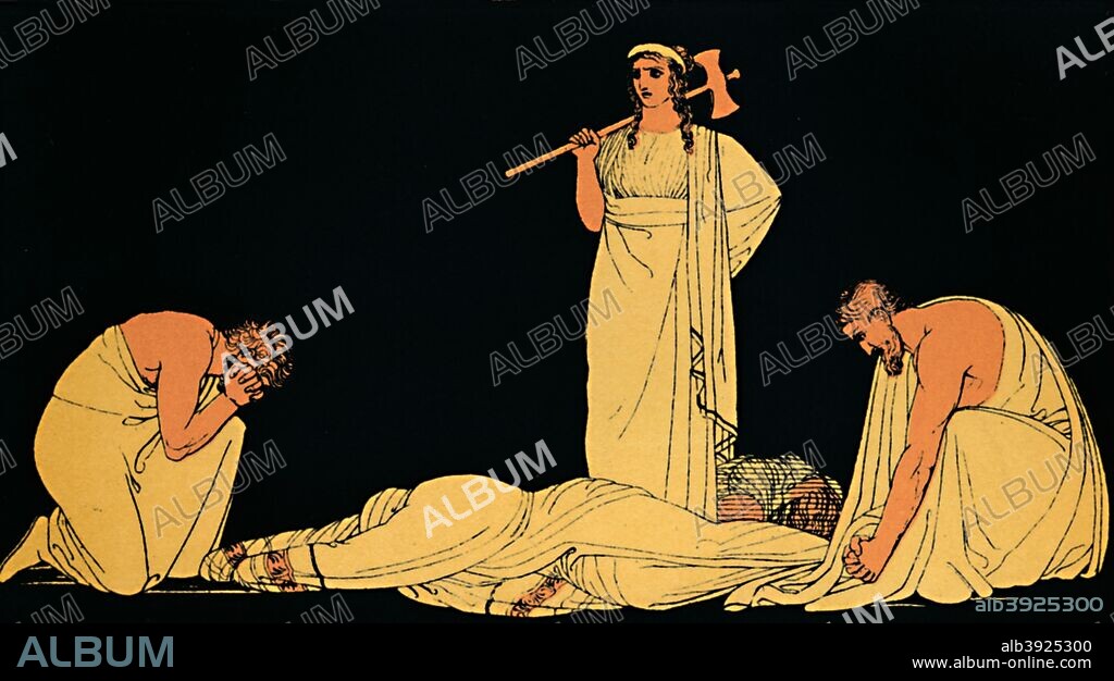 'The Murder of Agamemnon', 1880. Agamemnon mudered in cold blood by Clytemnestra and Aegisthus, in vengeance for Iphigenia's death and all the grief he'd given them both. From Stories from the Greek Tragedies by the Rev. Alfred J. Church, M.A. [Seeley, Jackson, & Halliday, London, 1880].
