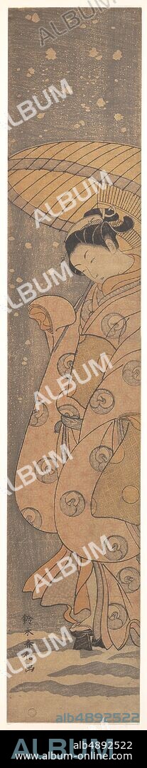 Suzuki Harunobu, Beauty under an Umbrella in the Snow, Japan, Edo period (16151868), Suzuki Harunobu (Japanese, 17251770), ca. 1770, Japan, Polychrome woodblock print (pillar print); ink and color on paper, H. 26 3/4 in. (67.9 cm); W. 5 in. (12.7 cm), Prints.