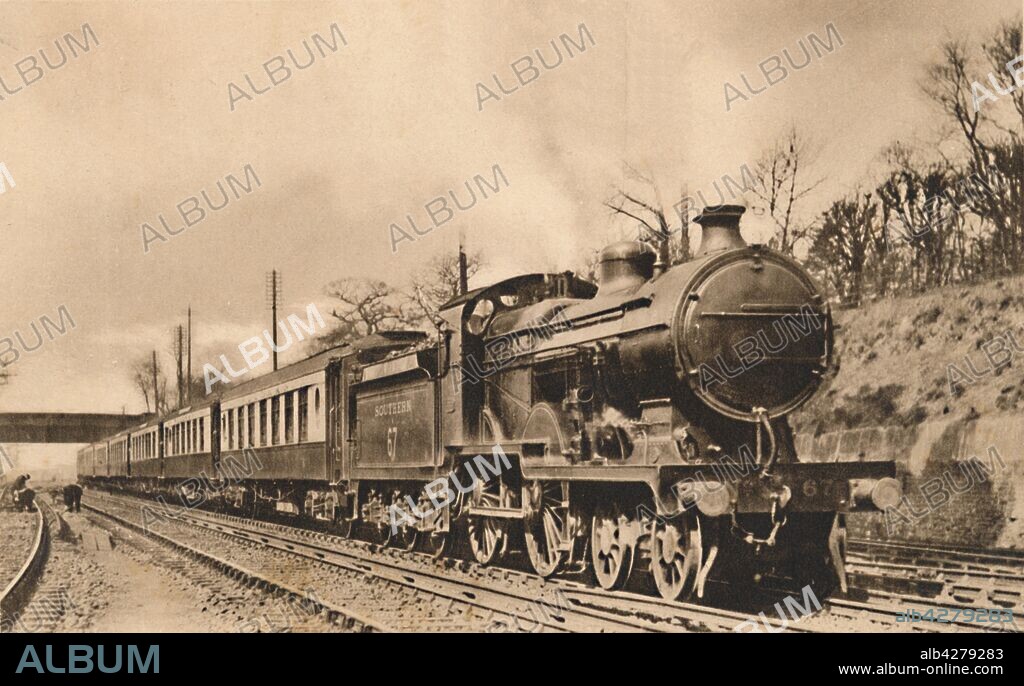 'Down Continental Pullman Limited Express', c1920s. Southern Railway steam locomotive which took passengers to the coast for connection with ships to the Continent. Postcard. [The Locomotive Publishing Co., London].