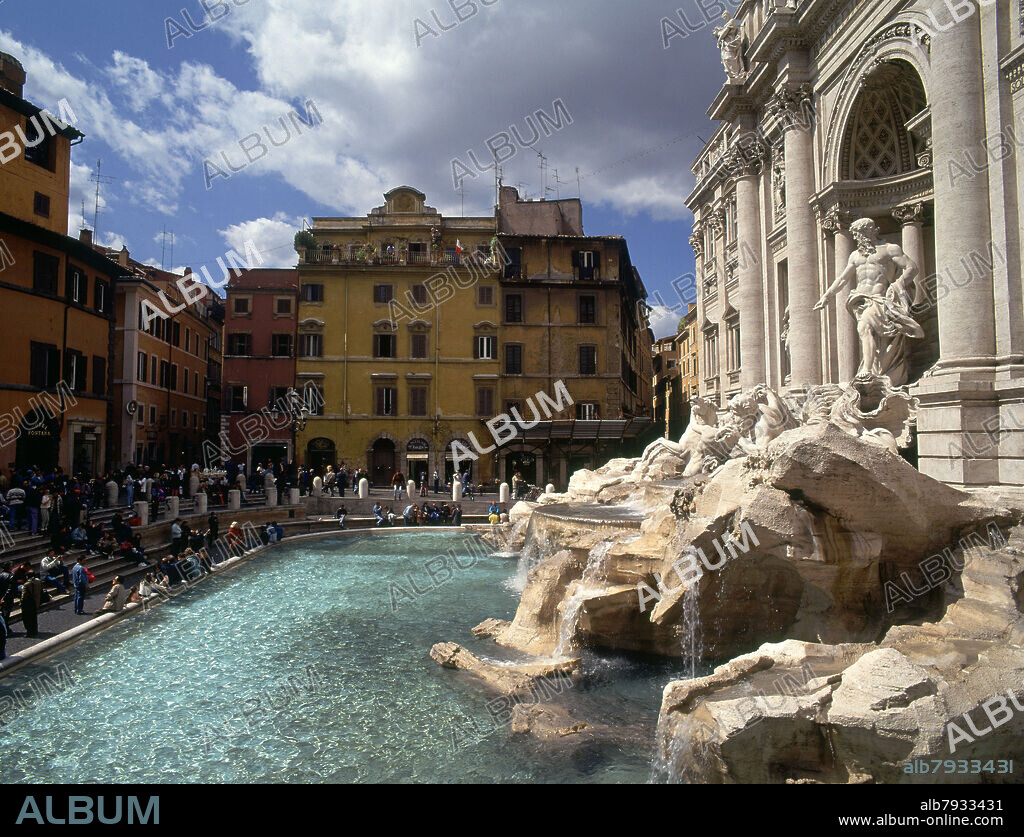 NICOLA SALVI 1697-1751 Y PIETRO BRACCI. FONTANA DE TREVI ADOSADA AL PALACIO POLI-VISTA LATERAL - FOTO AÑOS 90.