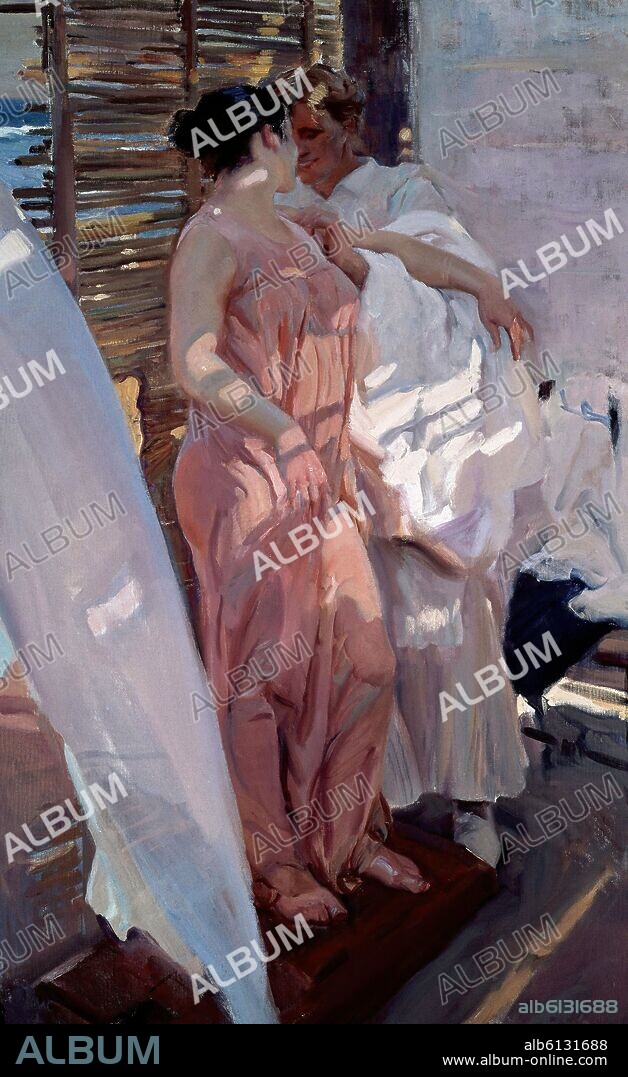 JOAQUIN SOROLLA. DESPUES DEL BAÑO O LA BATA ROSA - 1916 - O/L -  210X128 CM.