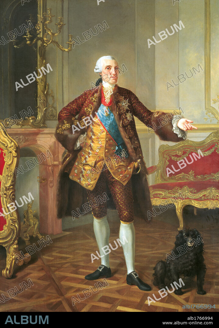 Portrait of Don Felipe de Bourbon, by Laurent (or Lorenzo) Pcheux, 1765, 18th Century, oil on canvas, cm 230 x 162. Italy, Emilia Romagna, Parma, National Gallery. All. Portrait Philip of Bourbon man duke living room furniture red sofa gold fireplace candelabra brown dress tailcoat fur golden waistcoat dog wooden floor. Authorization required for non editorial use.