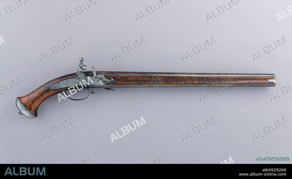 Claude Cunet, Flintlock Wender Pistol, French, Lyon, ca. 1650, Lyon, French, Lyon, Wood, steel, iron, L. 26 1/8 in (66.4 cm); barrel L. 18 1/2 in. (47 cm), Cal.5 in. (12 mm); Wt. 2 lb. 15 oz. (1345 g), Firearms.