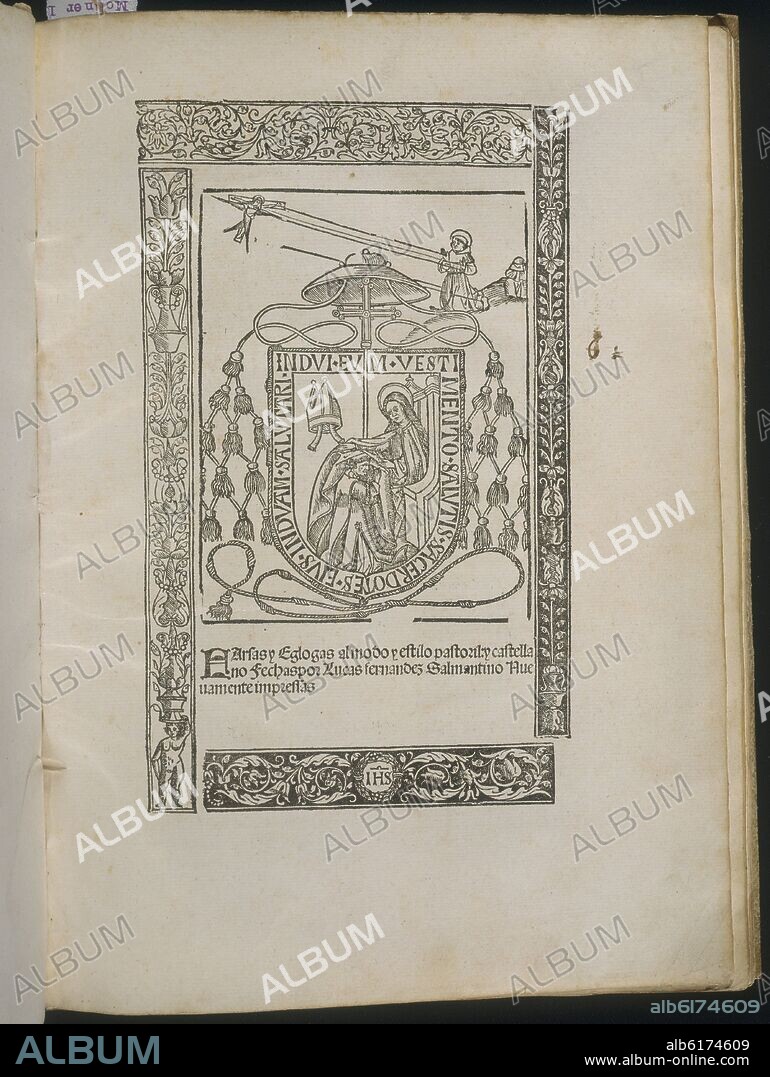 LUCAS FERNANDEZ (1474-1542). FARSA Y EGLOGAS-PAGINA ILUSTRADA CON ESCUDO RELIGIOSO -  IMPRESO EN SALAMANCA- HACIA 1514.