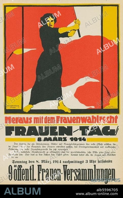 "Rote Woche" vom 8.-15. März 1914. "Heraus mit dem Frauenwahlrecht". Plakat für den Frauentag am 8. März 1914. Entwurf Karl Maria Stadler.