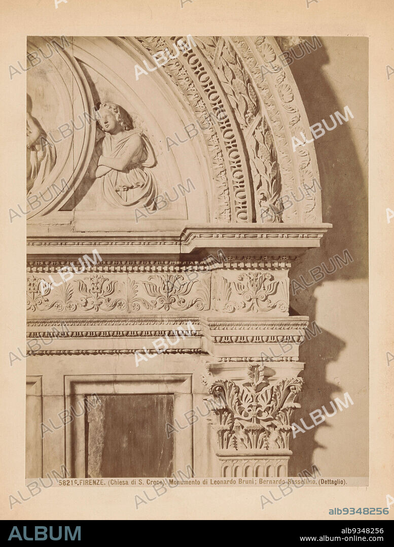 Part of the tomb of Leonardo Bruni in the Santa Croce at Florence, FIRENZE. (Chiesa di S. Croce). Monumento di Leonardo Bruni ; Bernardo Rosselino. (Dettaglio) (title on object), anonymous, Santa Croce, c. 1875 - c. 1900, cardboard, albumen print, height 230 mm × width 192 mm.