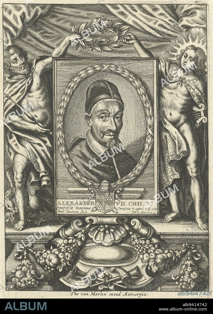 Portrait in an oval frame of Pope Alexander VII Bust to right Alexander VII is wearing his papal robe The portrait is in a rectangular frame between two classical gods, Jupiter and Apollo They hold a laurel wreath above the portrait The print has a Latin caption with the name of the person portrayed, Portrait of Pope Alexander VII Portraits of Statesmen , print maker: Frederik Bouttats (I), (mentioned on object), publisher: Theodor van Merlen (II), (mentioned on object), Antwerp, 1655 - 1676, paper, engraving, h 165 mm × w 116 mm × h 87 mm × w 56 mm.