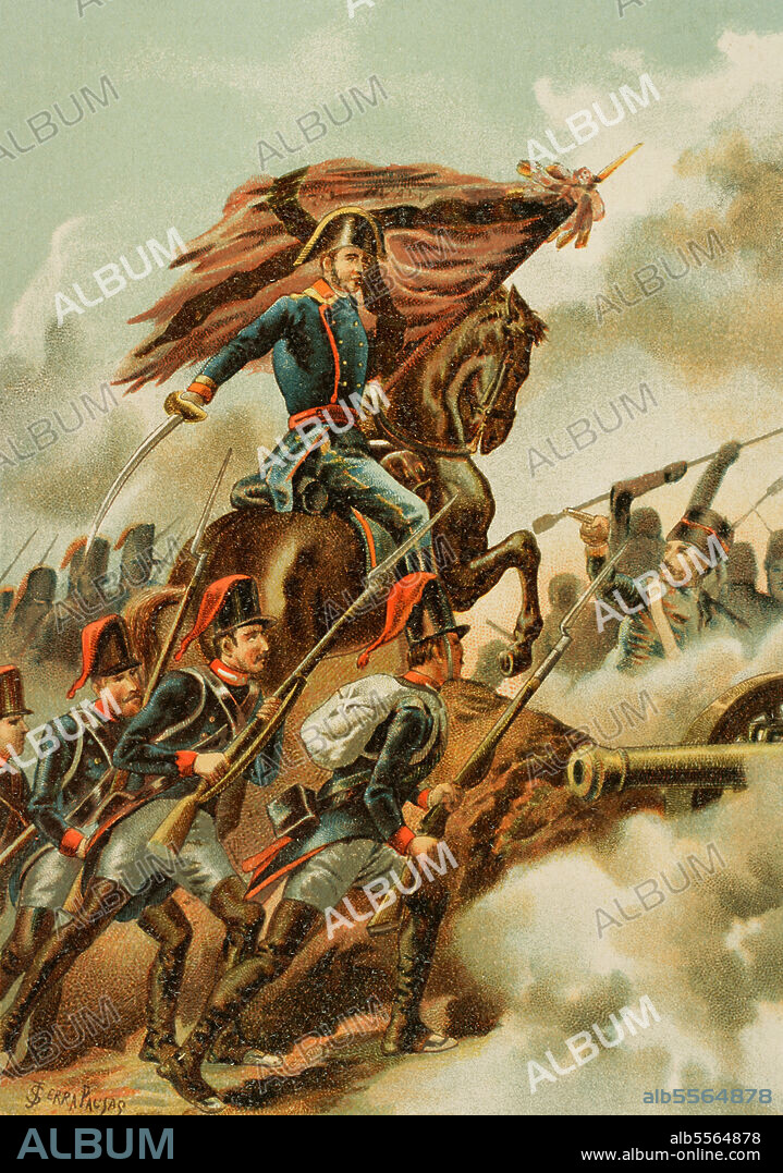 JOAN SERRA PAUSAS (ACTIVE 1861-1902). SPANISH ARTIST.. Guerra de la Independencia Española. El general Lacy en la Batalla de Ocaña (19 de noviembre de 1809) entre fuerzas francesas y españolas. llustración por Serra Pausas. Cromolitografía. Historia de la Revolución Española (desde la Guerra de la Independencia a la Restauración en Sagunto), por Vicente Blasco Ibáñez. Tomo I. Publicado en Barcelona, 1890.