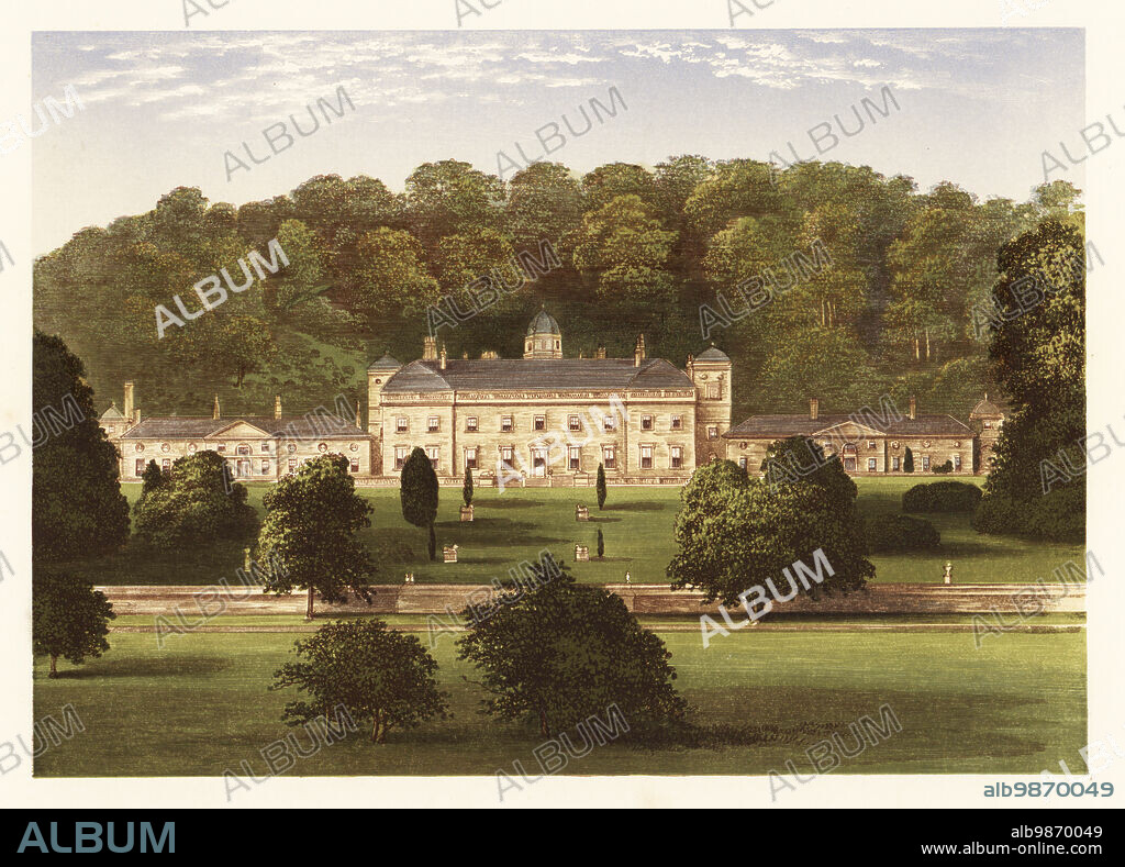 Castle Hill, Devonshire, England. Georgian Palladian-style house built by Roger Morris in 1730 in formal grounds laid out by Hugh Fortescue, 1st Earl of Clinton. Colour woodblock by Benjamin Fawcett in the Baxter process of an illustration by Alexander Francis Lydon from Reverend Francis Orpen Morriss Picturesque Views of the Seats of Noblemen and Gentlemen of Great Britain and Ireland, William Mackenzie, London, 1880.