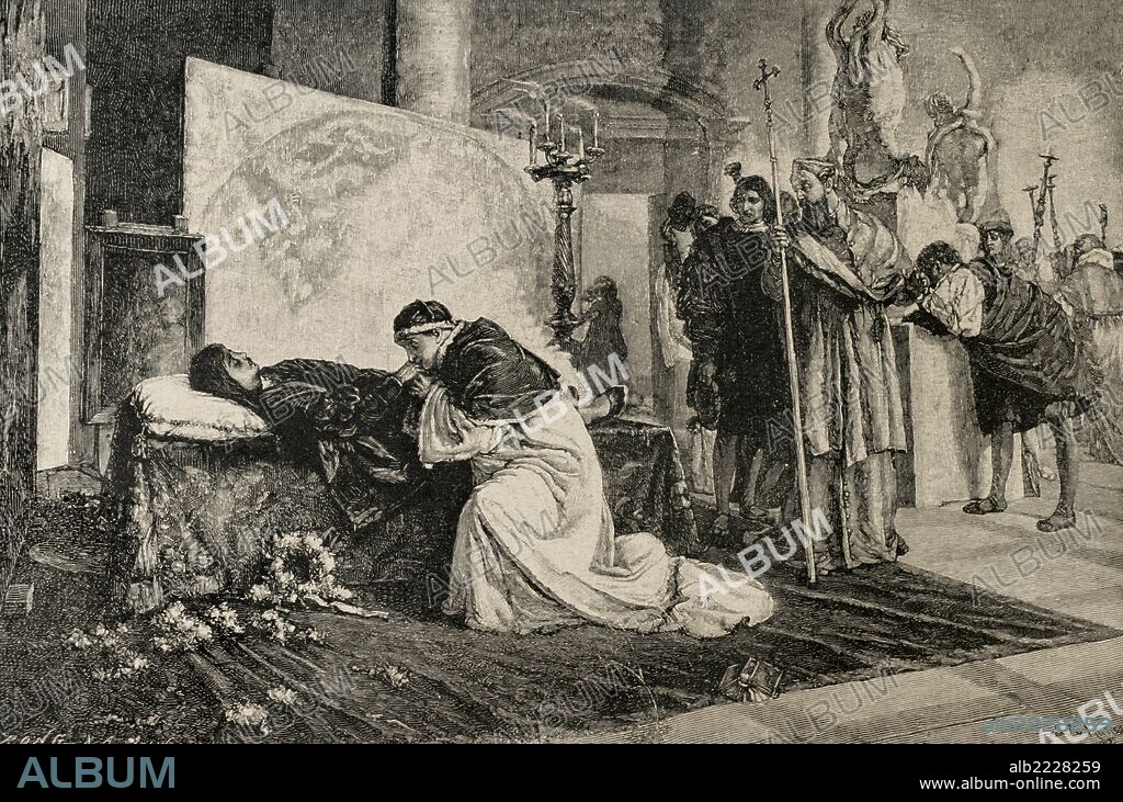 Leo X (1475-1521). Italian Pope (1513-1521), named Giovanni de Medici. Leo X in Raphael's deathbed. Engraving by R. Bong in The Iberian Illustration, 1885.