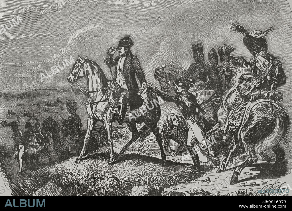 HORACE VERNET (1789-1863). FRENCH ARTIST.. Guerras Napoleónicas. Quinta Coalición. Batalla de Wagram (5 y 6 de julio de 1809). El ejército de Napoleón se enfrentó y consiguió hacer retroceder a las tropas austríacas del Archiduque Carlos. Ilustración por A. Sandoz. Grabado por H. Vernet. "Los Héroes y las Grandezas de la Tierra". Tomo V. 1855.