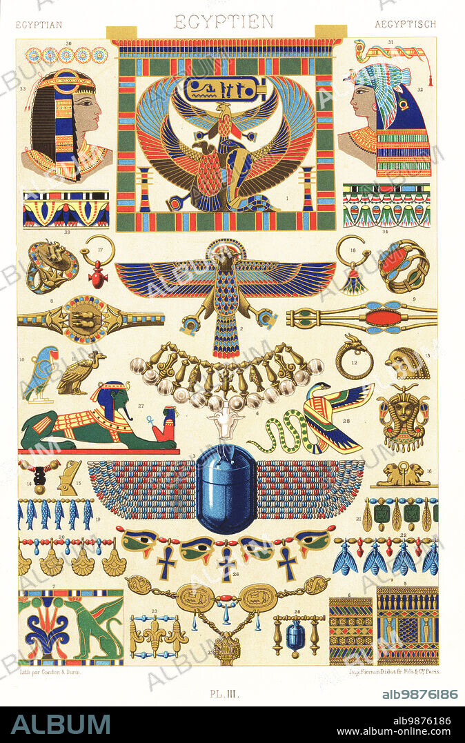 Ancient Egyptian jewelry. Breastplate 1 and eagle 2 from the Serapeum (era of Rameses II), lapis-lazuli scarab with glass-bead wings 3, necklace from the head of Apis 4, enamel bracelets 5-7, rings 8,9, earrings, amulets and necklaces 10-26, Sphinx 27 and jewelry from paintings at Thebes 28-33. Hand-finished chromolithograph by Gandon & F. Durin from Albert-Charles-Auguste Racinets LOrnement Polychrome, (Polychromatic Ornament), Firmin-Didot, Paris, 1869-73.
