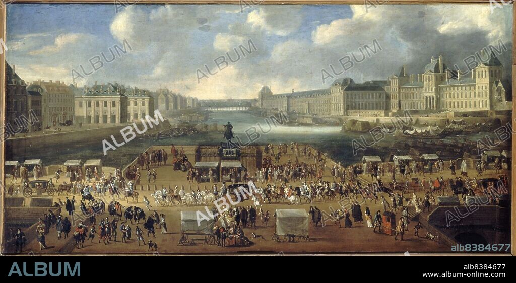 Pont-Neuf, seen from entrance to Place Dauphine, the Malaquais quay with College des Quatre Nations, the Grande Galerie and the Louvre, around 1669. Passage from a procession on the bridge. Current 1st and 6th arrondissements.
