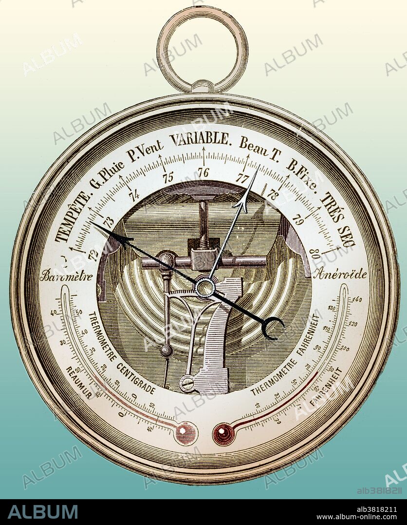 An aneroid barometer is an instrument for measuring pressure as a method that does not involve liquid. Invented in 1844 by French scientist Lucien Vidi, the aneroid barometer uses a small, flexible metal box called an aneroid cell (capsule), which is made from an alloy of beryllium and copper. The evacuated capsule is prevented from collapsing by a strong spring. Small changes in external air pressure cause the cell to expand or contract. This expansion and contraction drives mechanical levers such that the tiny movements of the capsule are amplified and displayed on the face of the aneroid barometer. Many models include a manually set needle which is used to mark the current measurement so a change can be seen. This type of barometer is common in homes and in recreational boats, as well as small aircraft. It is also used in meteorology, mostly in barographs and as a pressure instrument in radiosondes. This image has been color-enhanced.