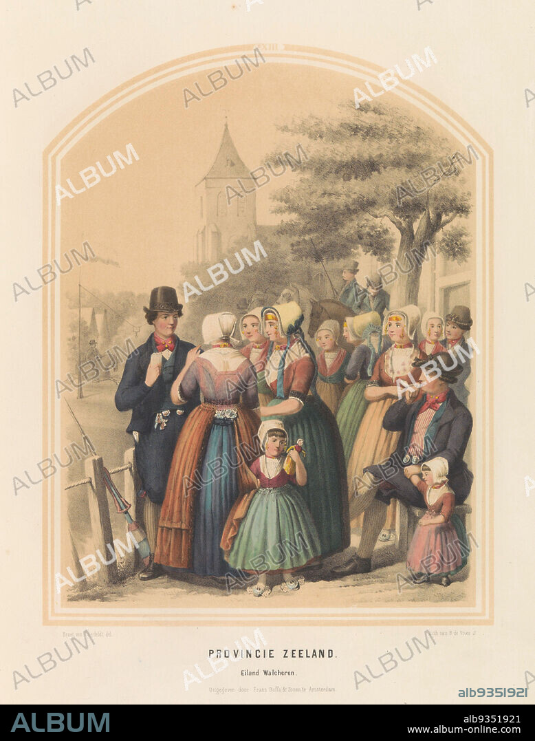 Costume of the island of Walcheren in Zeeland, 1857, Province of Zeeland. Island of Walcheren, XIII (title on object), Costume of the island of Walcheren in the province of Zeeland. Group of people at a ring stabbing competition. Illustration in a book of 1857 with 56 plates of Dutch costumes., print maker: Ruurt de Vries (mentioned on object), intermediary draughtsman: Jan Braet von Uberfeldt (mentioned on object), print maker: Netherlands, intermediary draughtsman: Netherlands, publisher: Amsterdam, 1857, paper, height 523 mm × width 350 mm.