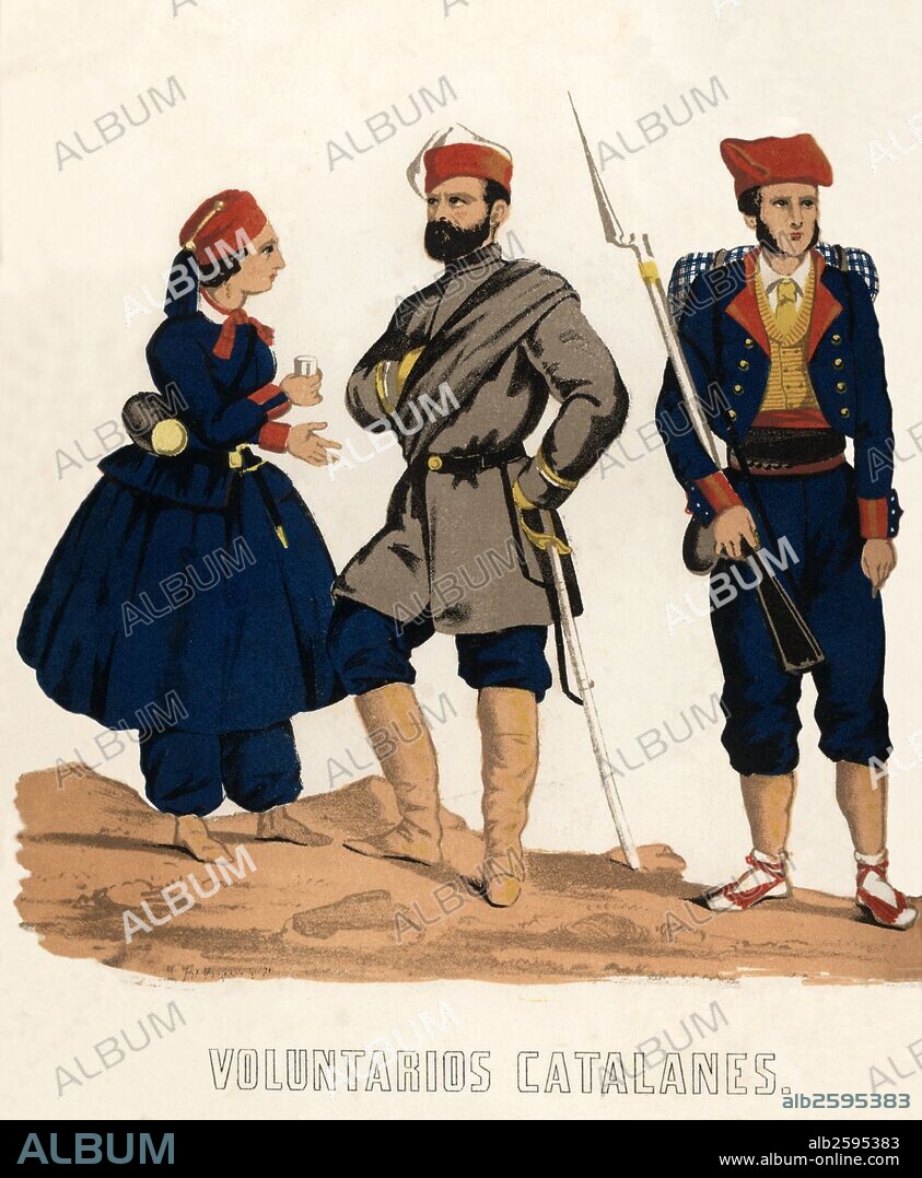 España. Guerra de África. Uniformes de los soldados voluntarios catalanes. Cantinera, oficial y voluntario. Grabado de 1860.