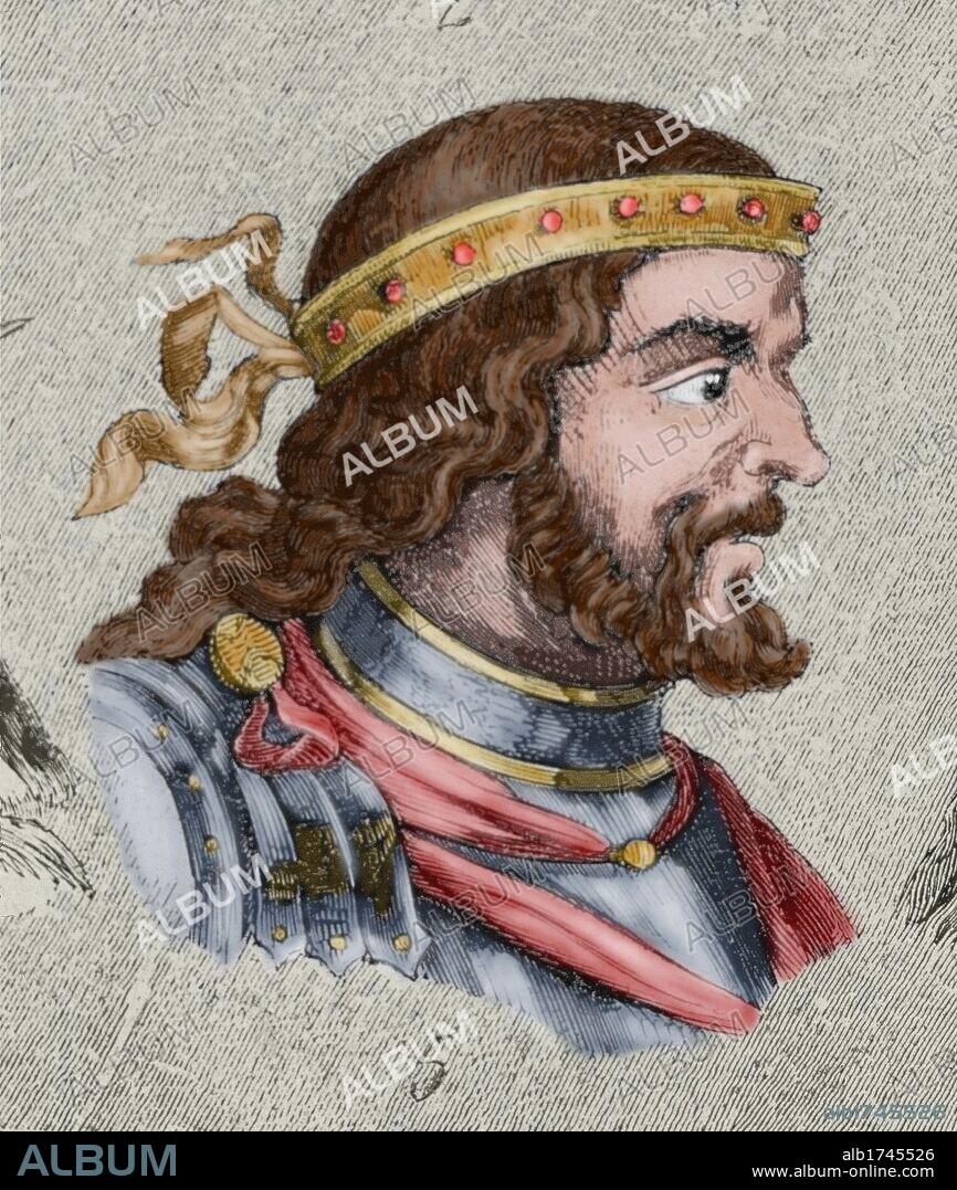 RECAREDO I. Rey visigodo (586 a 601). Sucesor e hijo de Leovigildo. Grabado coloreado.