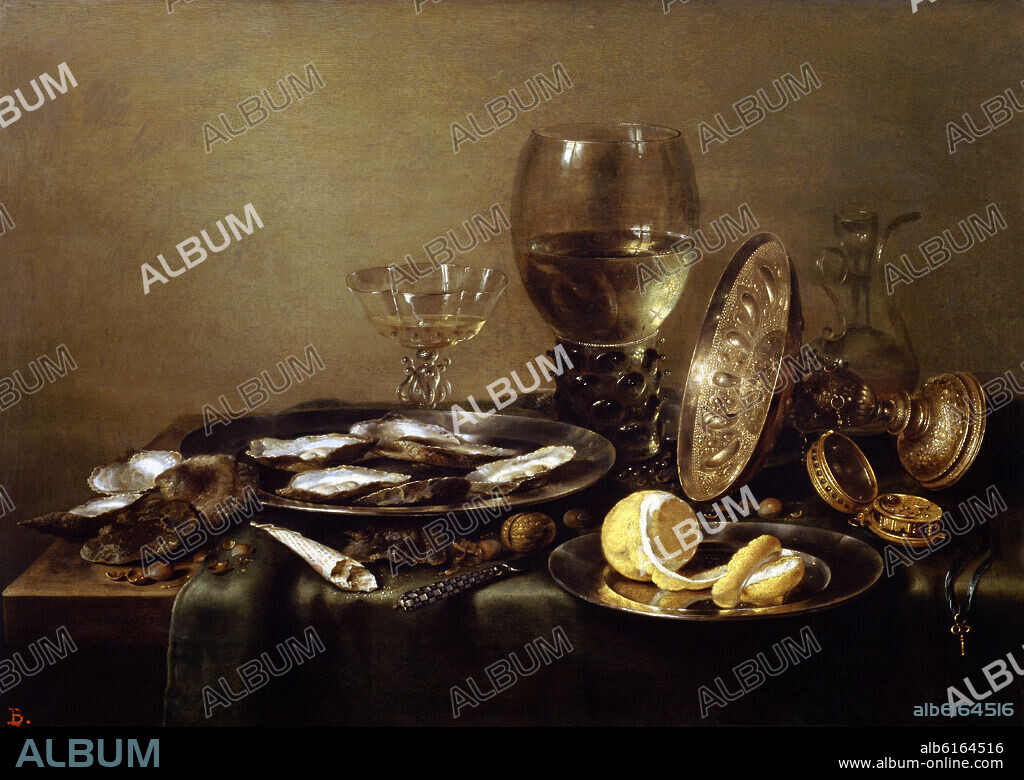WILLEM CLAESZOON HEDA (1594-1680). BODEGON CON TAZZA DE PLATA, COPA ROEMER Y OSTRAS - 1632 - OLEO/TABLA - 52 x 73 cm - 1632 - NP 2756 - BARROCO HOLANDES.